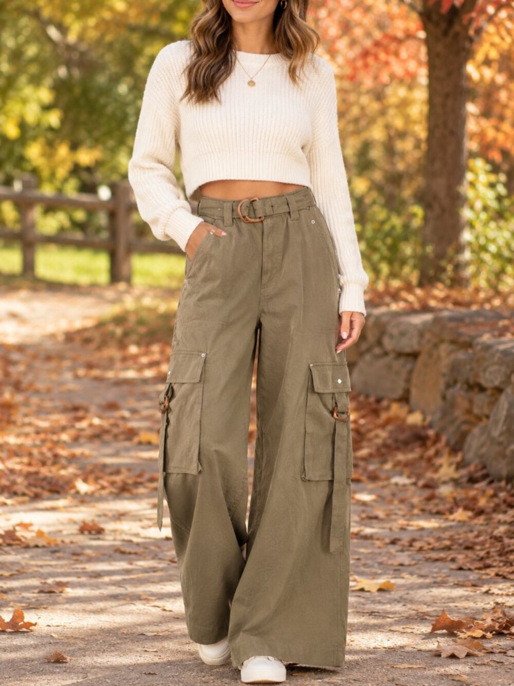 NWT Avec Les Filles belted Wide -Leg Cargo pants